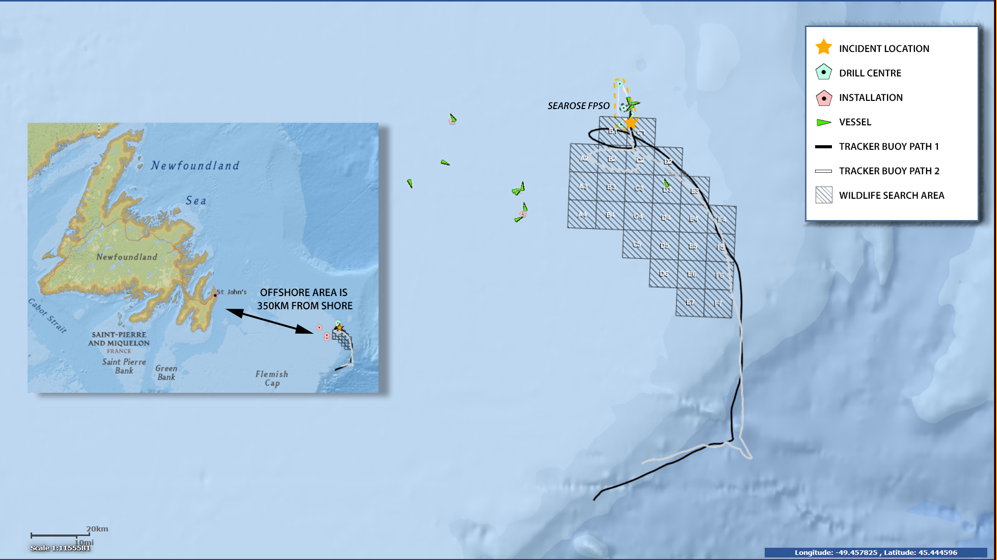 a map released by husky energy shows the location of where the oil spill occurred in the white rose oilfield 