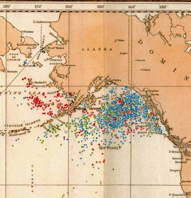 map showing right whale catches from 1785 to 1913 in the eastern North Pacific from logbooks of American whale ships